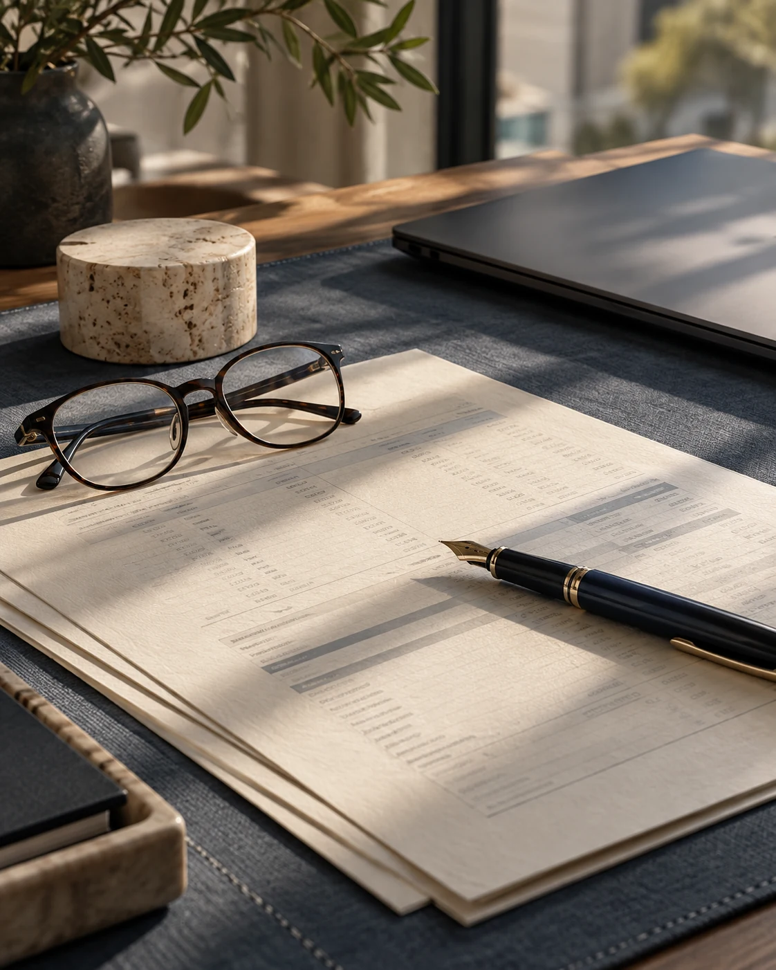 Composição ilustrativa com documentos, caneta e óculos sobre uma mesa, sob luz natural.
